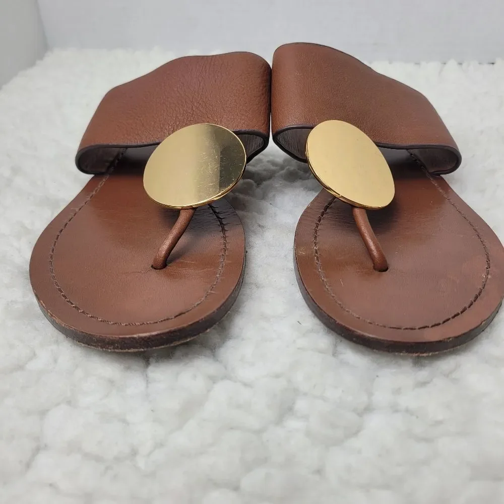 Tory Burch Patos Disk Womens Flip Flops Sandals Size 8.5 Brown Leather